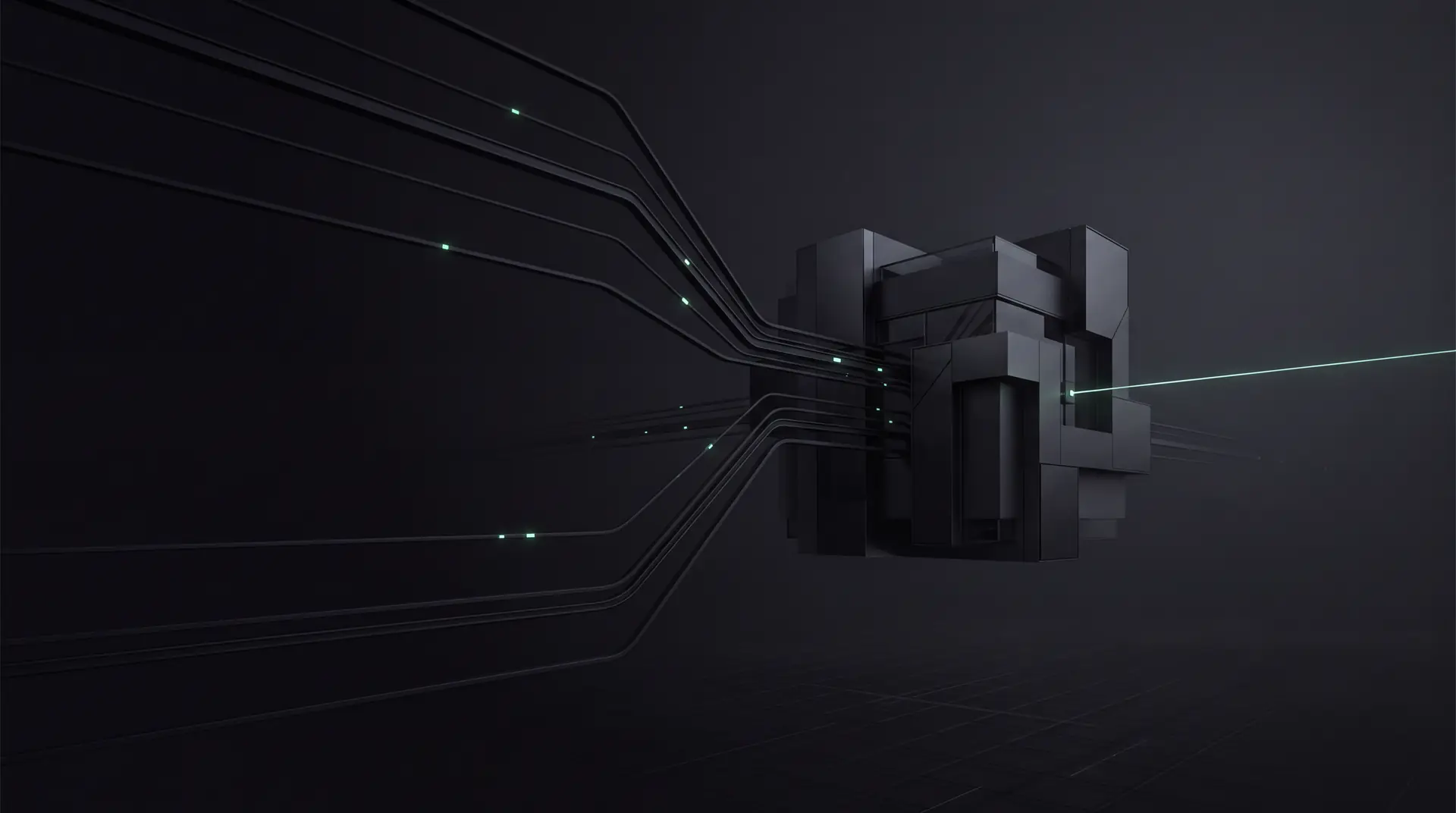 Signal paths from every direction converging on a single dark core, with one line continuing beyond it.